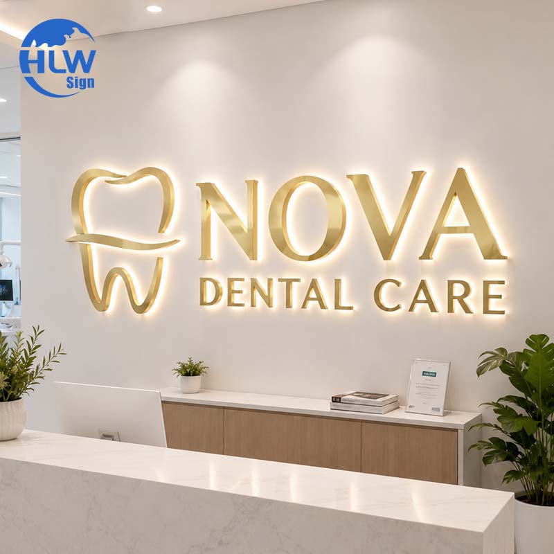 Gold halo-lit backlit sign in a dental clinic reception