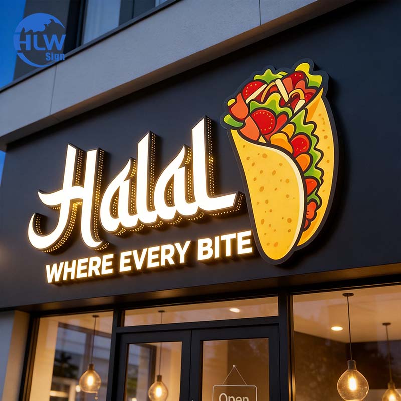 Illuminated shopfront sign for a restaurant