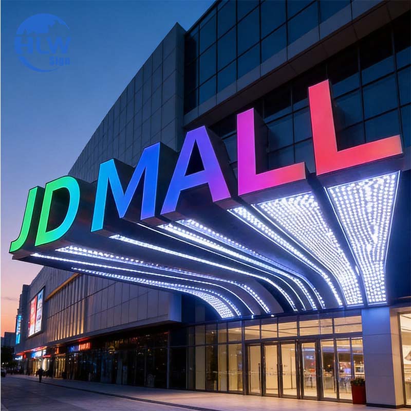 Large-format illuminated letters produced in bulk for a commercial facade