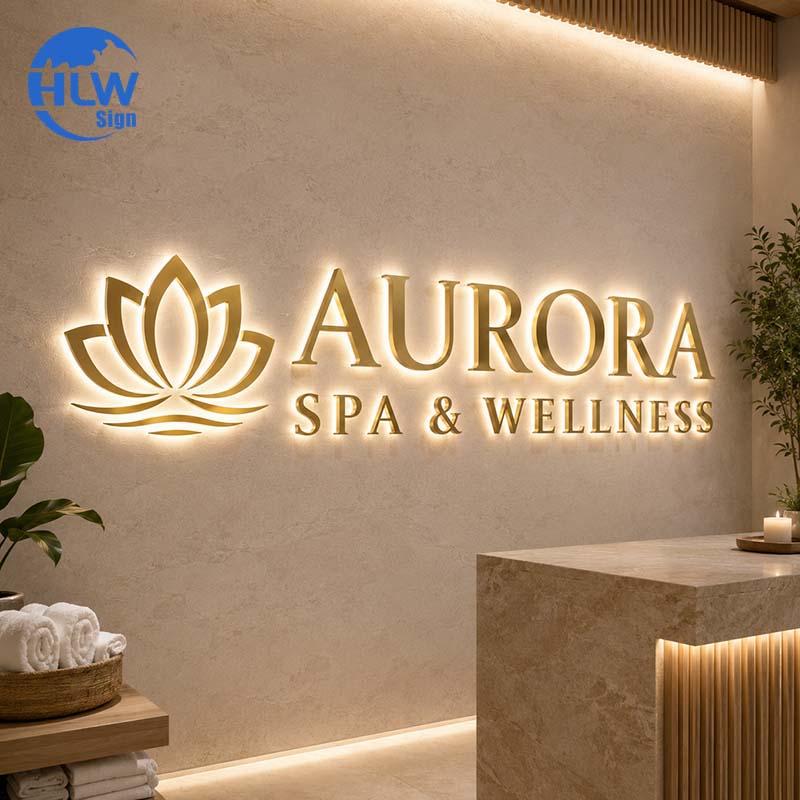 Gold halo lit letters at a hotel entrance